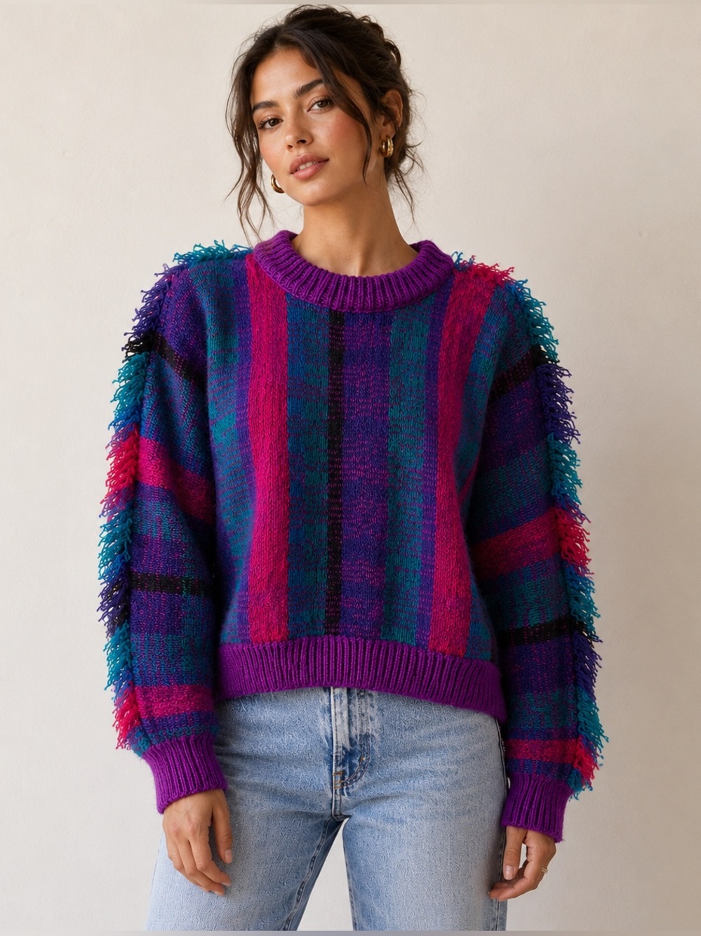 Vintage Gitano Abstract Geo Knit Fringe Poncho Shawl Purple Magenta Teal S-M-L